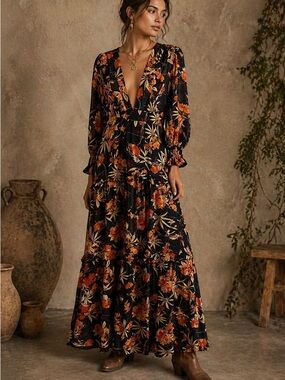Melloday Floral Boho Maxi Dress Black Orange Deep V Tiered Size M